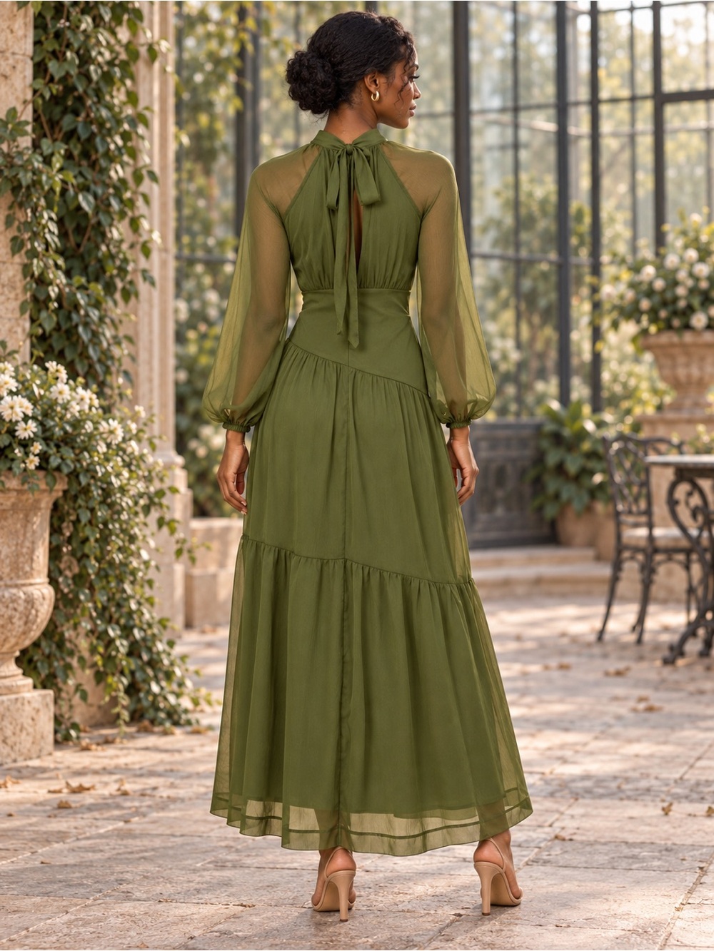 NEW Petal & Pup Julip Olive Sheer Sleeve Maxi Dress Formal Wedding Guest - Picture 2 of 5